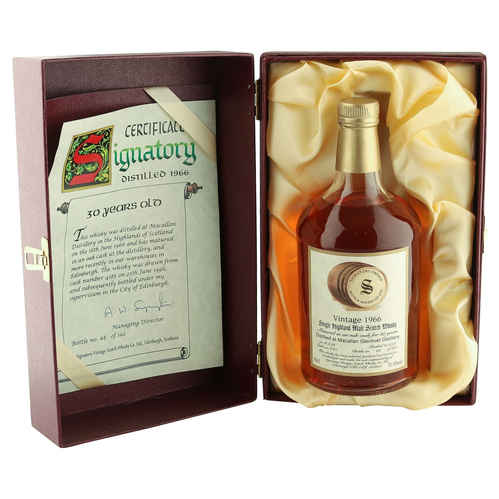 The Whisky Vault photograph of the same Macallan bottling in its open presentation case with certificate. Full publisher frame.