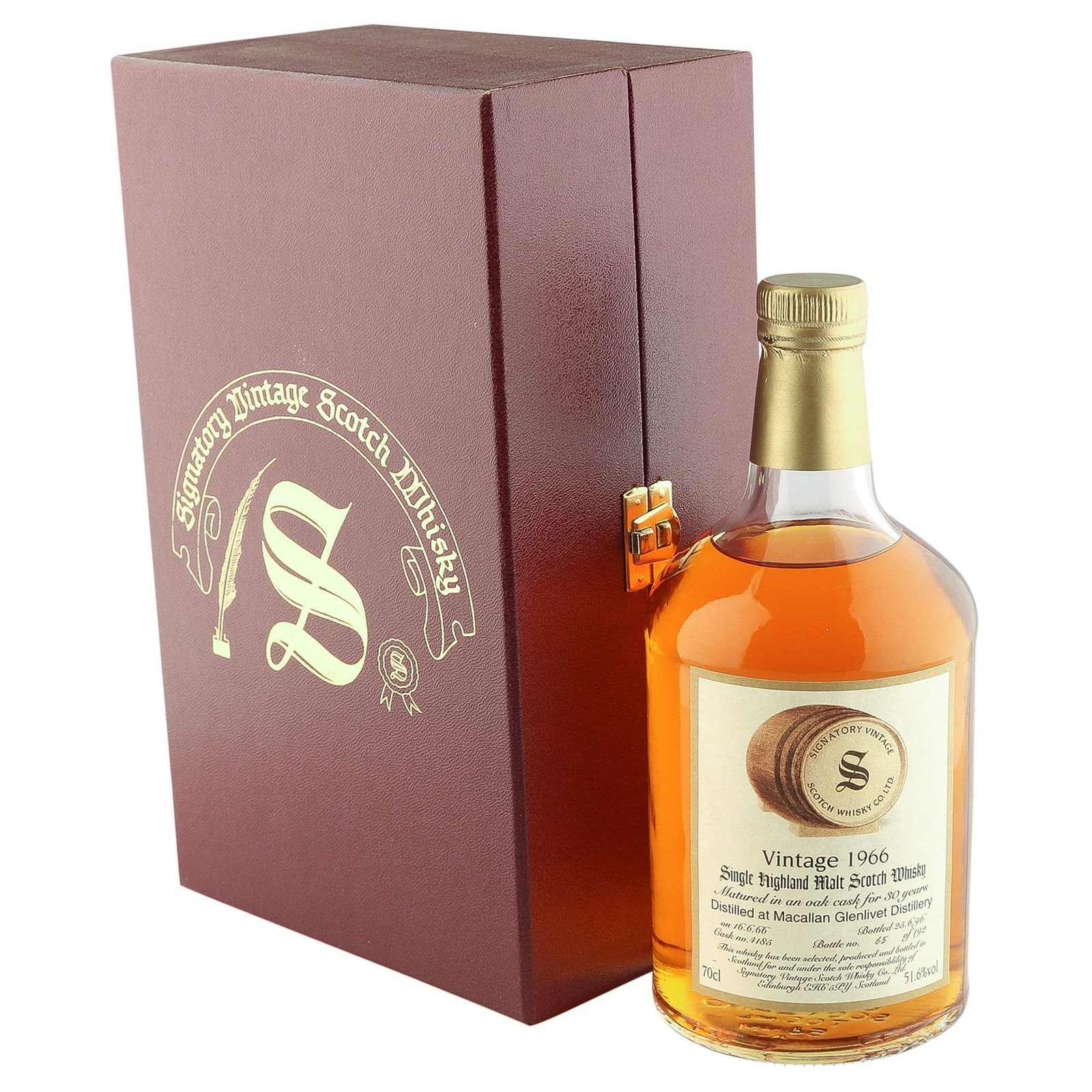 The Whisky Vault photograph of Signatory Vintage Macallan 1966/1996, 30 years, 51.6%, cask 4185, beside its closed presentation case. Full publisher frame.
