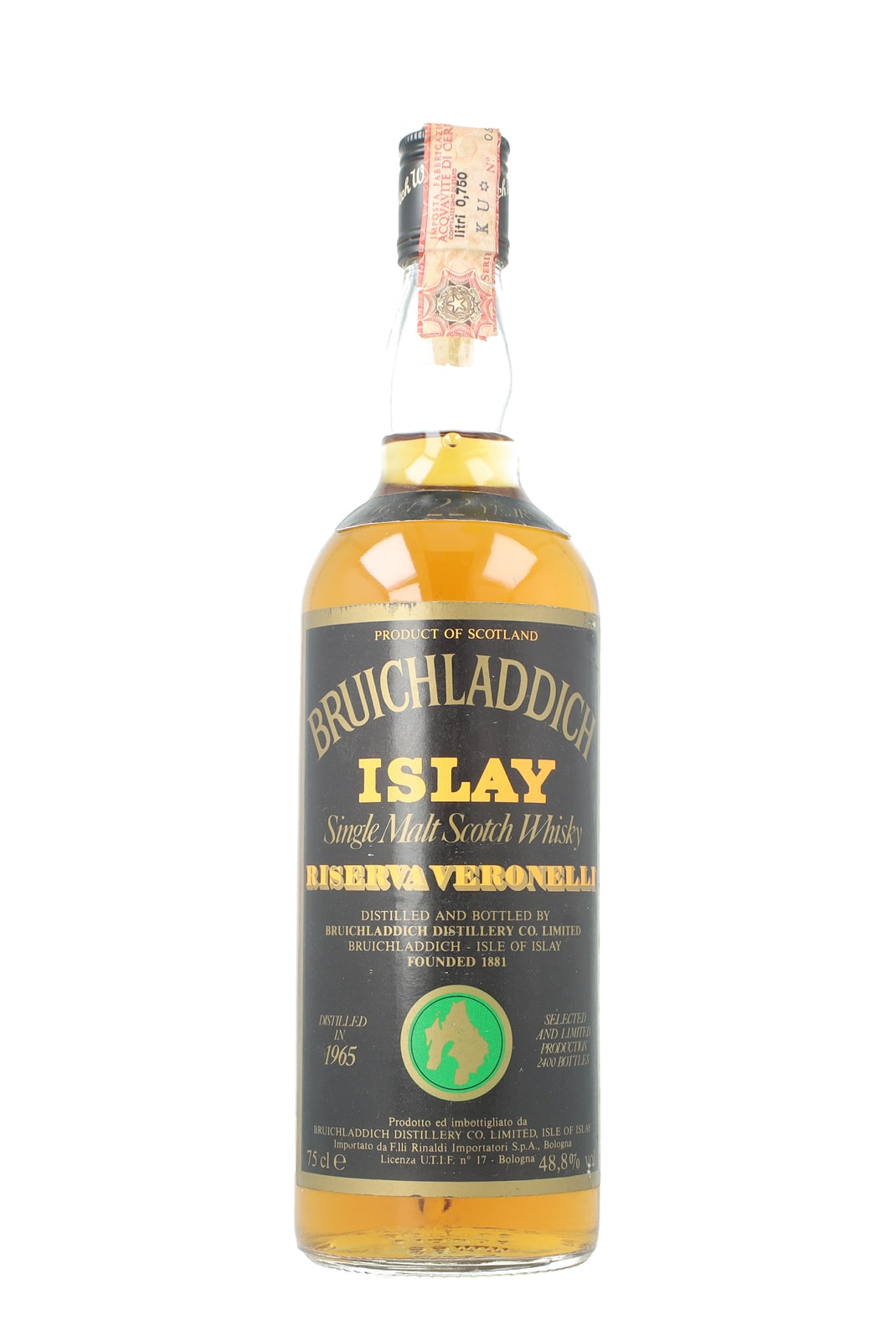 Internet reference: Bruichladdich 1965 Riserva Veronelli, 48.8%, Rinaldi import. Source: Whisky Antique. Catalogue identifies age 22; no bottling year inferred.