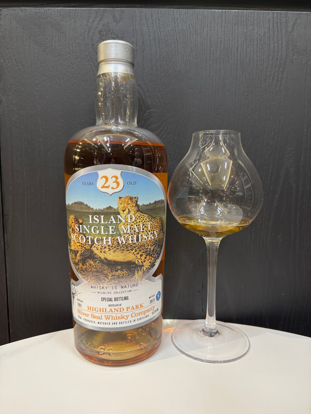 Illustrative image · Illustrative client photo: Silver Seal Wildlife Highland Park 1991/2015, 23y, 51.5%; cask number unverified.