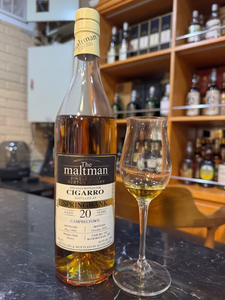 Client photo: The Maltman Springbank May 1996/October 2016, 20 years, 48.9%, cask 108; bottle and glass.
