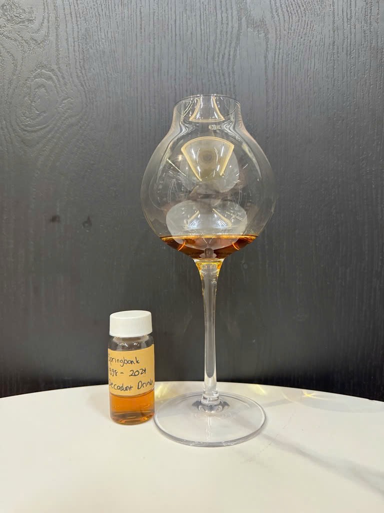 Client photo: Decadent Drinks Whiskyland Springbank; tasting sample and glass.