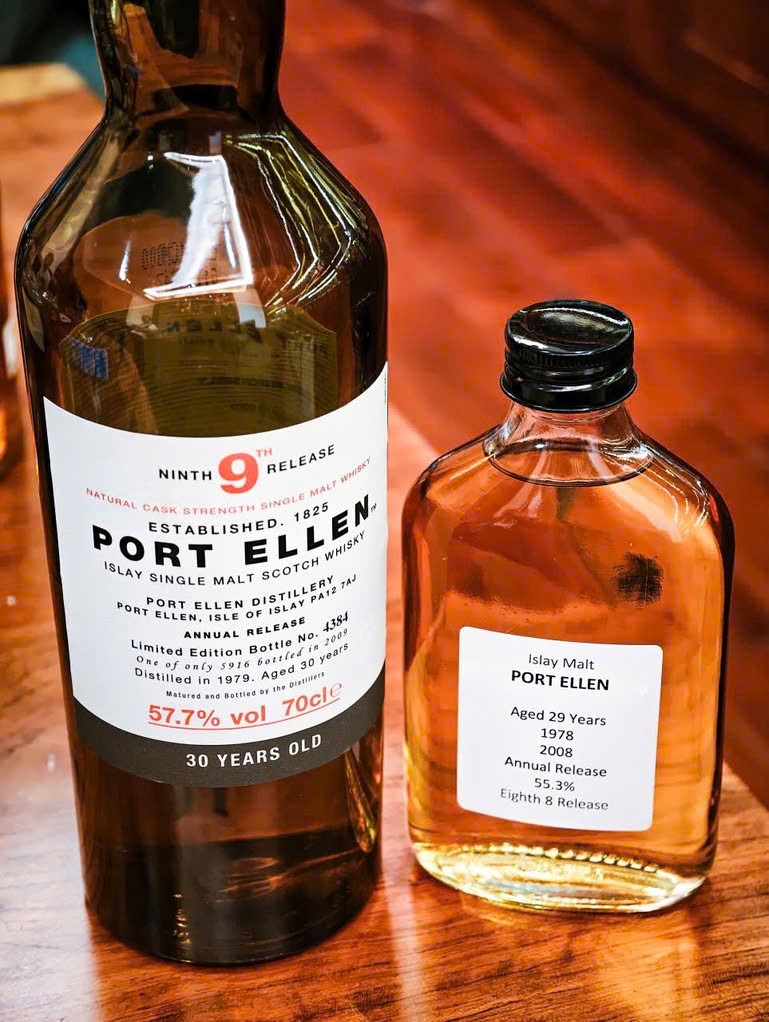 Client photo: foreground Port Ellen 8th Release sample, 1978/2008, 29 years, 55.3%; the full bottle behind is the 9th Release.